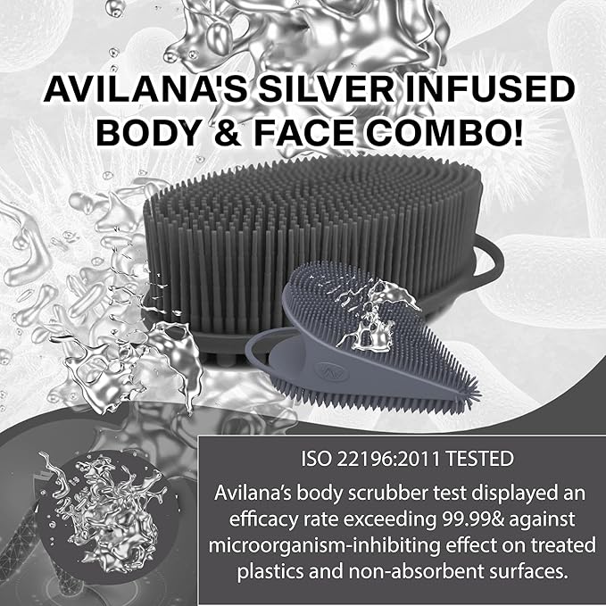 Avilana Body and Face Scrubber Combo – Includes Dual-Sided Body Scrubber and Gentle Face Scrubber – Hygienic, Long-Lasting, and Gentle for Body and Face (Dark Gray with Silver)
