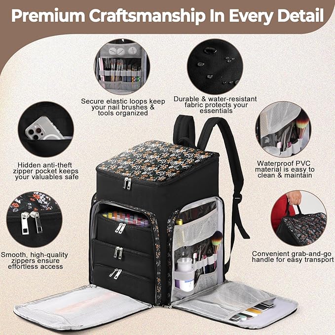 DERSTUEWE Floral Pattern Nail Polish Storage Backpack, Large Capacity Organizer Case with Multiple Compartments, Black