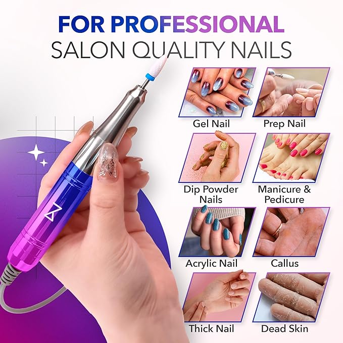 M Mase- Professional Nail Drill Machine - 2-in-1 Nail File - Cordless, 35000 RPM, HD Display - Gift for Her - Electric Nail Drill for Professional & Home Use (Unicorn Pink Blue)