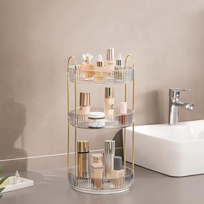 360 Rotating Makeup Organizer Countertop Clear 3 Tier Bathroom Organizer Spinning Perfume Organizers, Skincare Organizers Makeup Carousel Cosmetic Brush Storage for Vanity, Countertop