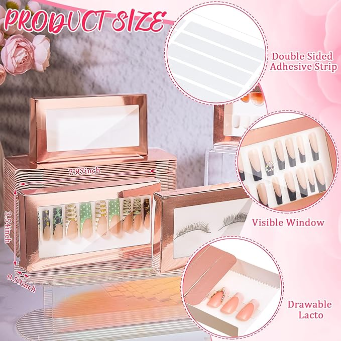 Yeaqee 100 Pieces Empty Nail Package Box with 100 Pcs White Background Papers Empty Nail Tip Box Packaging with 240 Pcs Adhesive Double Sided Tape Set for Press on Business Salon(X-Large)