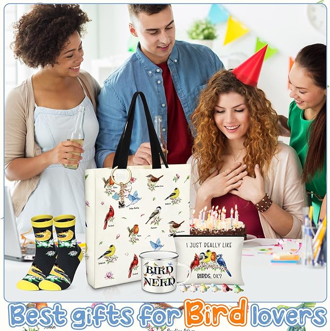 Animal Lover Gifts for Women Mother's Day Animal Themed Gifts for Mom Include Canvas Tote Bag, Makeup Bag, Socks, Keychain, Enamel Mug, Small Figurines(Bird)