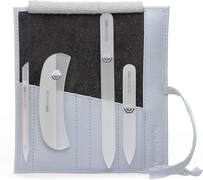 GERMANIKURE Crystal Glass Nail File Set in Light Blue Leather Case – Handmade in Czech Republic – Professional Manicure & Pedicure Supplies – Glass Cuticle Stick, Pusher, Moon File