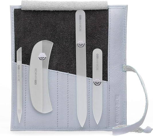 GERMANIKURE Crystal Glass Nail File Set in Light Blue Leather Case – Handmade in Czech Republic – Professional Manicure & Pedicure Supplies – Glass Cuticle Stick, Pusher, Moon File