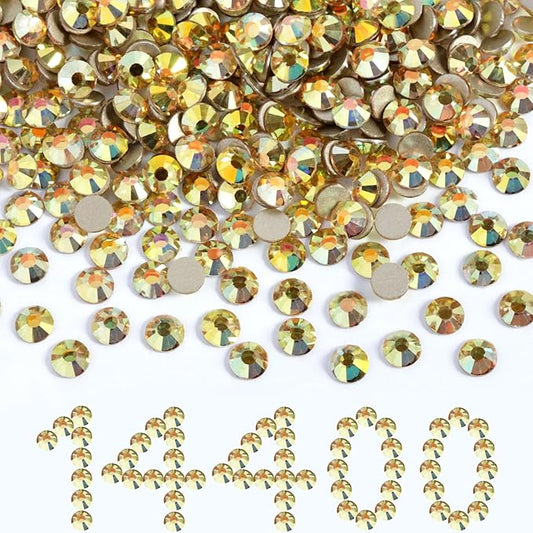 Beadsland Flatback Rhinestones Bulk,14400pcs Gold Rhinestones for Nails Crafts Clothes DIY Decoration, Metal Sunlight, SS10, 2.7-2.9mm
