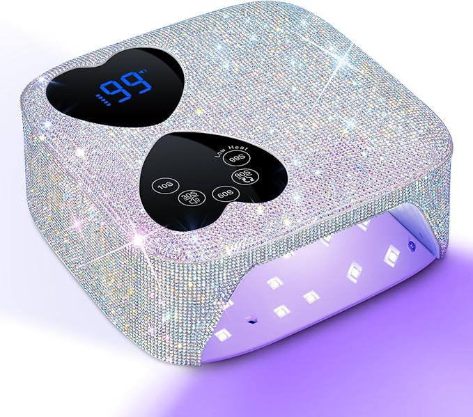 UV LED Nail Lamp Cordless, HUITINE 80W Rechargeable UV Light for Gel Nails, Professional Gel Light Dryer with 5 Timers & Mirror Base, Sparkling Rhinestones Diamond Curing Lamp for Salon & Home