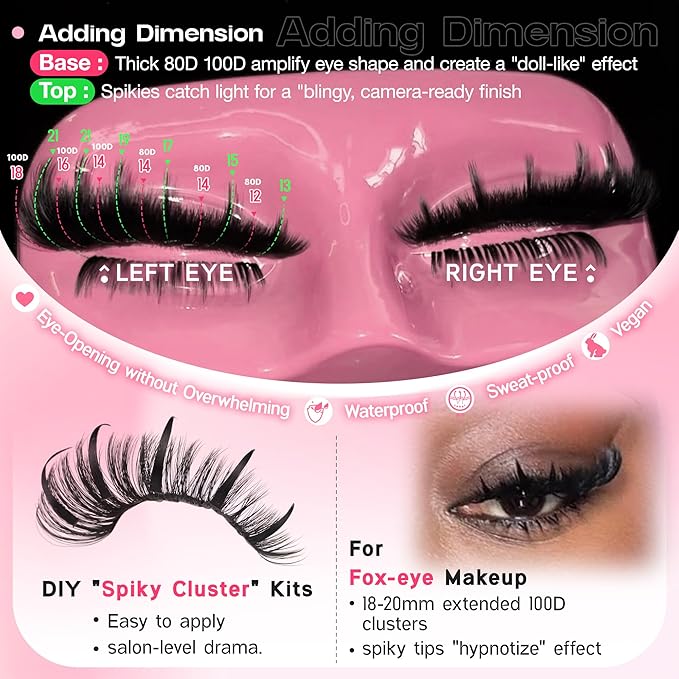 Lash Clusters Kit Russian Lash Extensions Kit Salon-Level Spikes Lash Individuals Volume Eyelash Clusters 295PCS D Curl 12-20MM DIY Eyelash Extensions With Bond and Seal