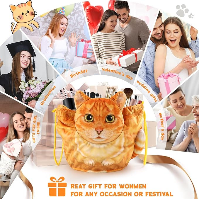 Drawstring Makeup Bag - Travel Organizer, Cosmetic Pouch, Cat Gift for Women, Lay Flat Bag for Cat Lovers