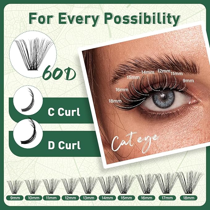 Lash Clusters 320Pcs Eyelash Clusters KEYYOU 60D D Curl 9-18MIX Clusters Lashes Thick Super Soft Wispy DIY Eyelash Extension at Home(60D-D,9-18MIX)