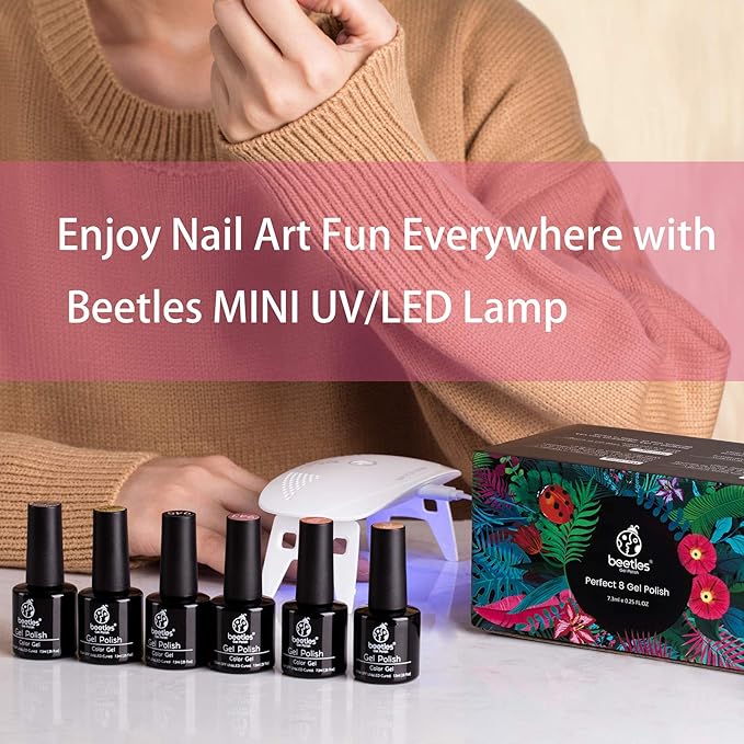 Beetles U V Light for Nails Mini Nail Lamp Poly Nail Gel Curing Lamp, 4Pcs 7.5Ml Black White Colors with No Wipe Top Coat and Base Coat Gel Polish Set