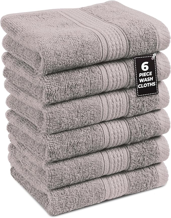 LANE LINEN 100% Cotton Wash Cloths - 6 Pcs - Spa & Salon Quality - Ring Spun Cotton Face Cloths - Soft & Absorbent Washcloths for Body, Beauty, Home, Gym - Fingertip Towels Set - 13"x13", Platinum