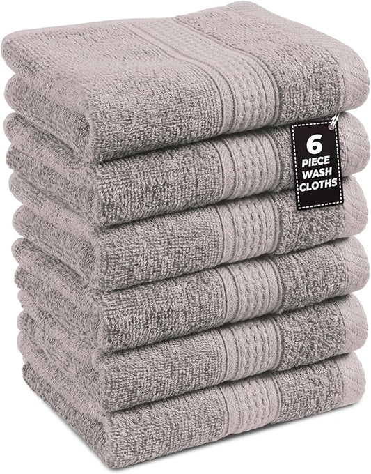 LANE LINEN 100% Cotton Wash Cloths - 6 Pcs - Spa & Salon Quality - Ring Spun Cotton Face Cloths - Soft & Absorbent Washcloths for Body, Beauty, Home, Gym - Fingertip Towels Set - 13"x13", Platinum