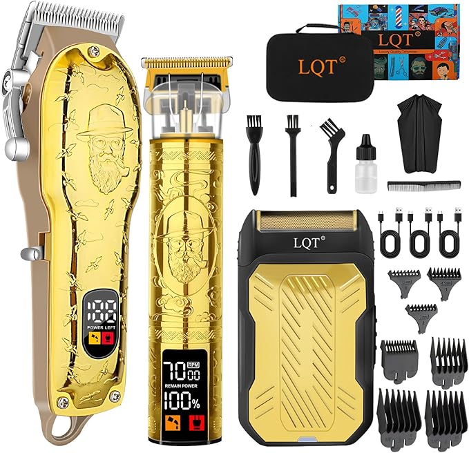 Professional Hair Clipper Set for Men Electric Shaver Razor Cordless Hair Cutting Barber Clippers Beard Trimmer Men’s Grooming Kit Gifts for him (Gold)
