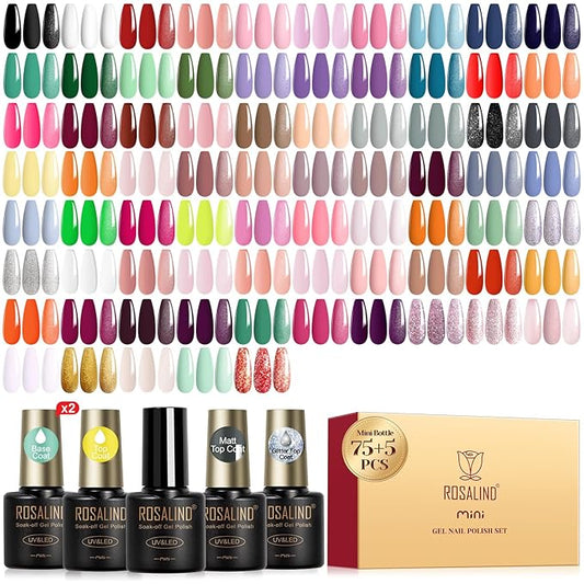 ROSALIND 80PCS Gel Polish Set, 75 Colors Gel Nail Polish with Glossy Matte Glitter Top Coat Base Coat Multi-Colred u v Nail Polish Kit Soak Off Nail Set for Women