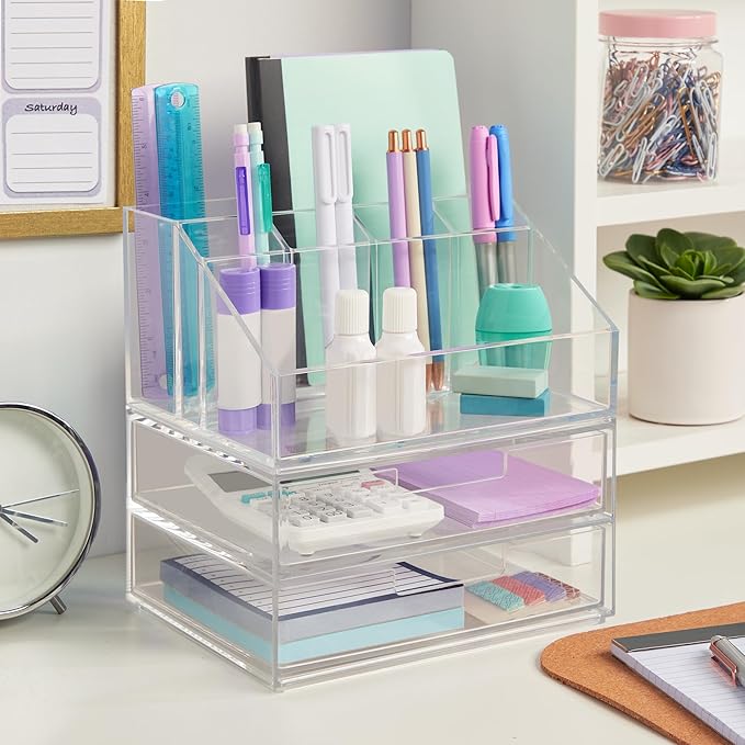 STORi Chloe Stackable Clear Makeup Brush Holder and Drawer Organizer Set, Organize Brushes, Cosmetics, and Beauty Supplies, Made in USA