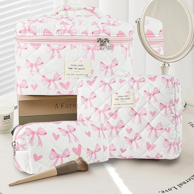 3Pcs Makeup Bag Cotton Quilted Travel Cosmetic Bag Cute Floral Makeup Pouch Large Toiletry Bag for Women Girls (Bow-Pink5)