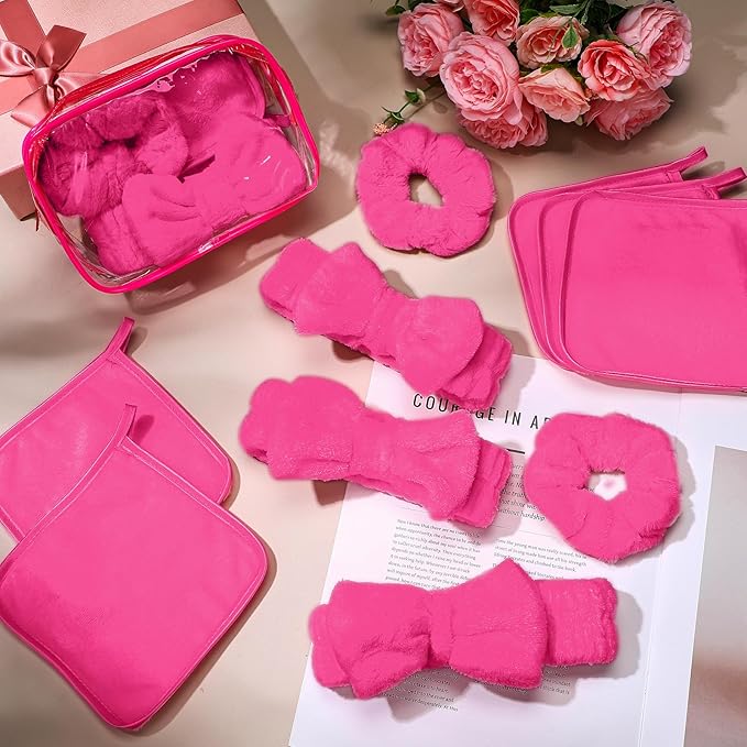 24 Pieces Sleepover Party Supplies Spa Party Favors 6 Spa Headband 6 Velvet Scrunchies 6 Makeup Remover Cloth 6 Clear Cosmetic Bags for Slumber Gift(Rose Red)