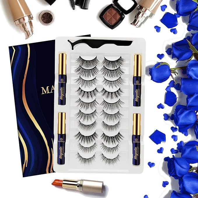 DUOERLA Magnetic Eyelashes,10 Pairs Magnetic Lashes Natural Looking with Applicator and 4 Tubes of Waterproof Magnetic Eyeliner, [Upgraded] Reusable,Strong Hold,Lightweight, Cruelty-Free,Easy to Apply