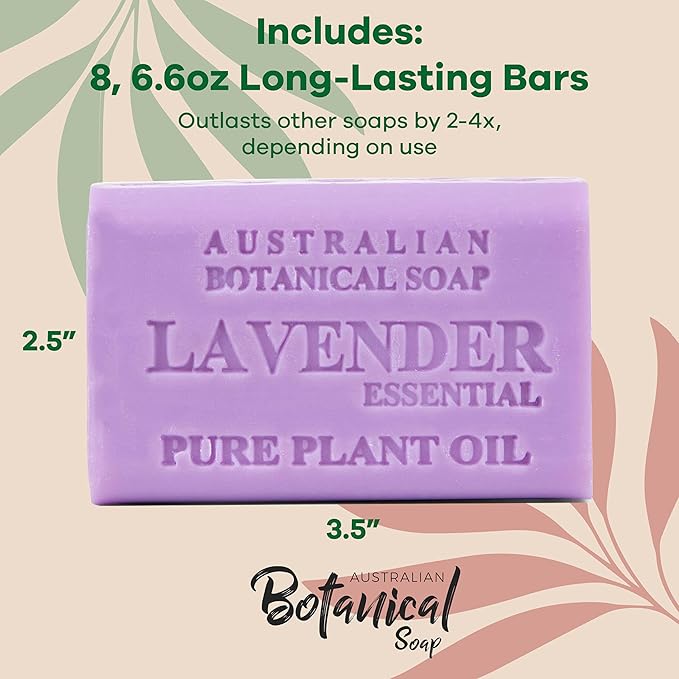 Australian Botanical Soap, 6.6 OZ, Lavender and Essential Oil, Triple Milled Bars made with a Natural Soap Base and Enriched with Organic Shea Butter, Pack of 8