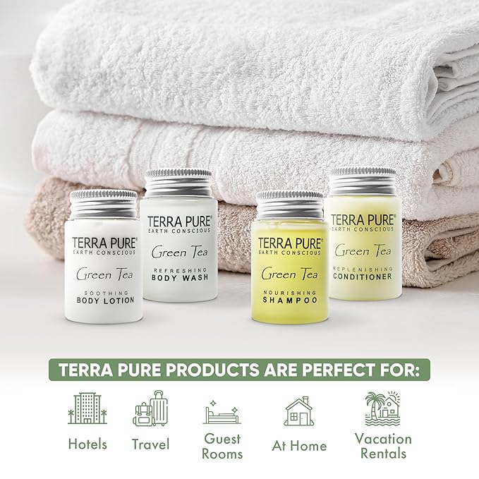 Terra Pure Green Tea Toiletries Set | 1-Shoppe Amenities Kit | 1oz Shampoo & Conditioner, Body Wash, Lotion | Travel Size | 80 Pieces