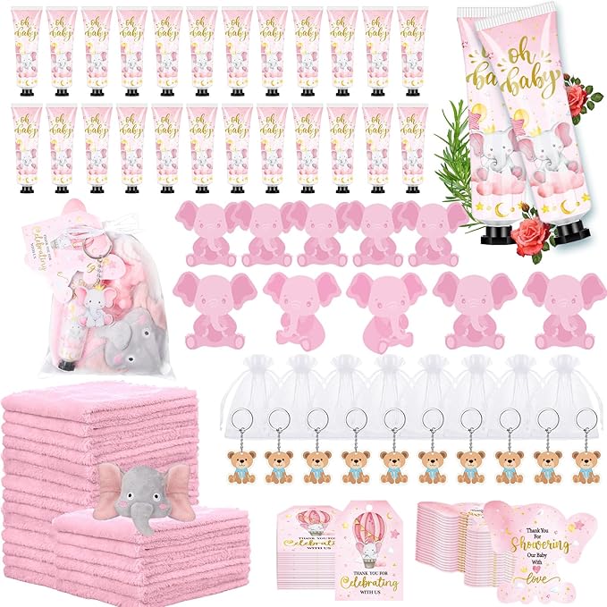 168 Pcs Pink Elephant Baby Shower Favors Baby Shower Gifts Bulk Hand Cream Towels Soaps Keychains Organza Bags Guest Appreciation Gift with Thank You Tags and Cards for Boys Girls Guest