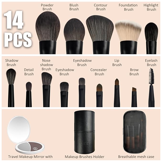 Jilier 14 pcs Mini Makeup Brushes and Pocket Mirror, Travel Makeup Brush Set, LED Compact Mirror with Light, Travel Size with Case, Portable for Handbag, Travel Essentials for Women