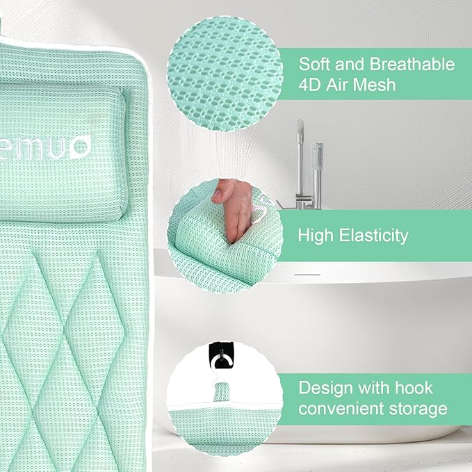 Full Body Bath Pillow Bathtub Pillows-Removable Lumbar Cushion with 17 Non-Slip Suction Cups 4D Air Mesh Fit Any Tub Luxury Bathroom Accessories-Green
