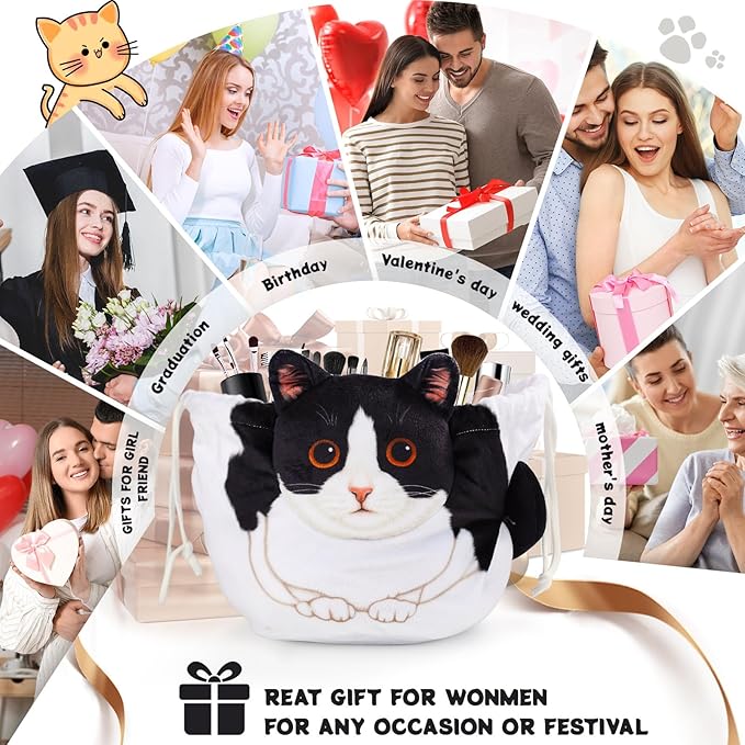 Drawstring Makeup Bag, Cat Makeup Bag, Travel Makeup Organizer, Cosmetic Pouch Bag, Cat Gift for Women, Lay Flat Makeup Bag Gifts for Cat Lovers