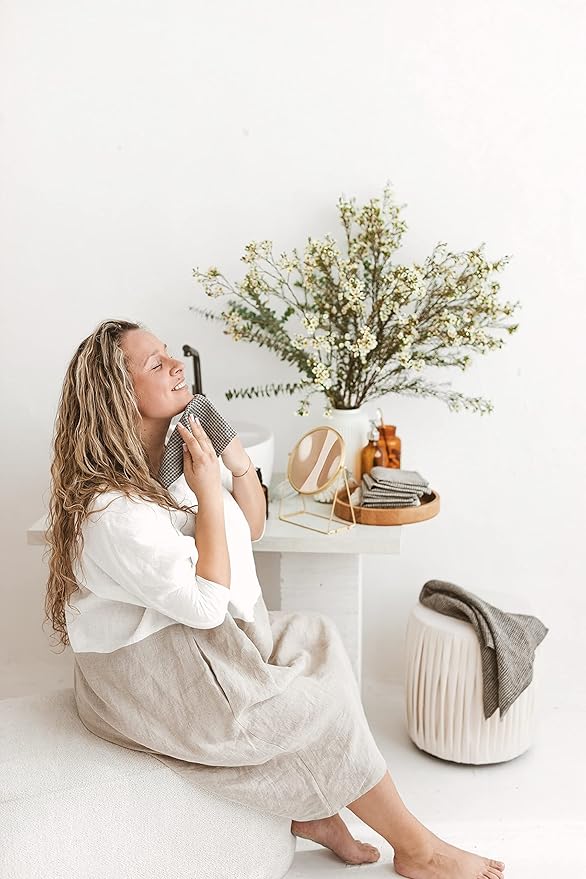 100% Flax Linen Washcloths - 4-Pack 10x10-inch Reusable Waffle Washcloths - Make up Removers Face Cloth - Black-Natural Waffle Weave Wash Cloths - Small Face Towels for Women