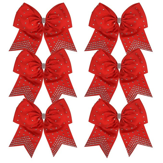 8 Inch Cheerleader Bows Ponytail Holder with Bling Fling Rhinestones Hair Tie Cheerleading Bows 6 Pcs (Red)