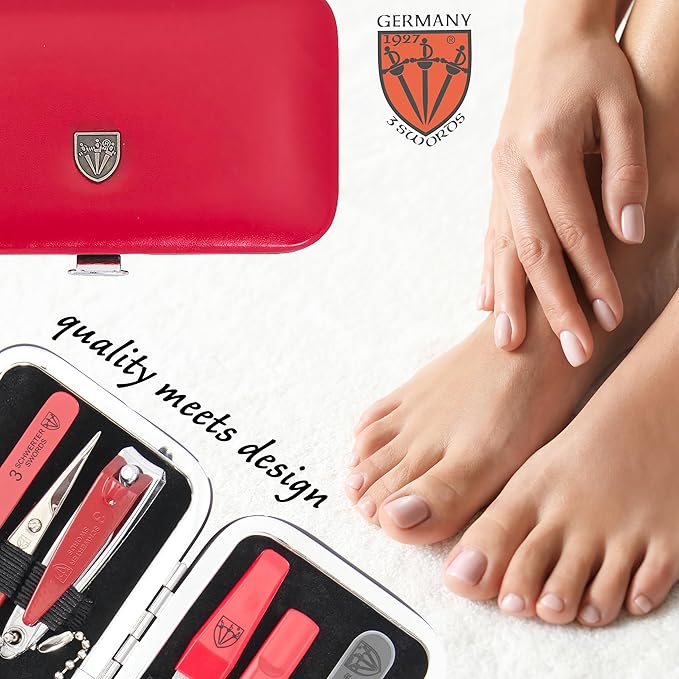 3 Swords Germany - Brand Quality 6 Piece Manicure Pedicure Grooming kit Set - Scissors, Metal and Glass Nail File, Clipper, Tweezers with Synthetic Leather case - red/red Tools
