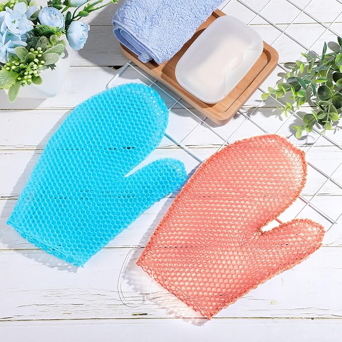 Karenhi 2 Pcs Honeycomb Exfoliating Glove Bath Mitt Body Spa Scrubber, Honeycomb Exfoliator Glove for Body Shower, Scrubber Sponge Shower Loofah, Quick Drying(Blue,Pink)