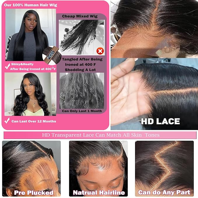 13x6 Body Wave HD Lace Front Wigs Human Hair Bleached Knots 200 Density Frontal Wigs Human Hair with Baby Hair Glueless Wigs Human Hair for Women Pre Plucked Natural Hairline Black Color 22 Inch