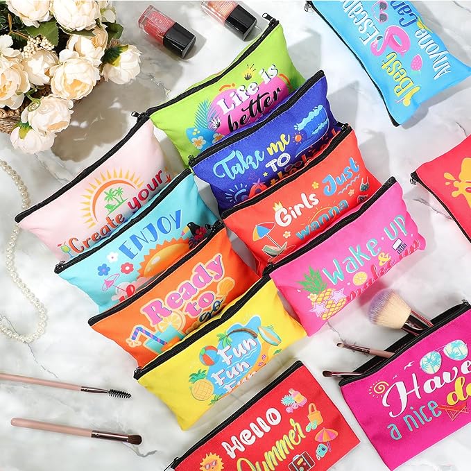 24 Pieces Makeup Bags Bulk Canvas Cosmetic Bags Purse Organizer Zipper Cosmetic Pouch Portable Travel Toiletry Pouch for Women Men Gifts, 7 x 4 Inch (Beach)