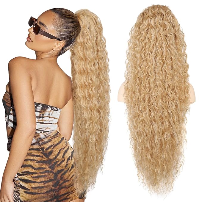 Ponytail Extension, SEIKEA 36" Long Lightweight Full Natural Curly Drawstring Ponytail Fake Pony Tail Multi Layered Soft Clip in Hair Extensions Ponytail Synthetic Hairpiece, Golden Blonde Highlights