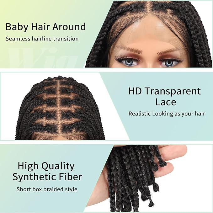 13x8 Inch HD Lace Front Short Knotless Braided Wigs For Women 360° Full Lace Braid Wig With Baby Hair 14" Black Human Hair Blended Bob Braid Lace Front Wigs
