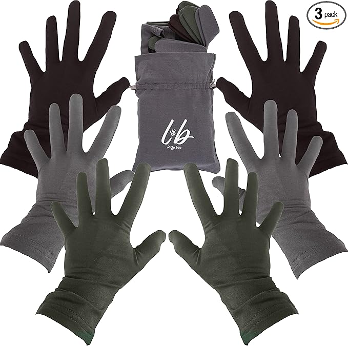 Bamboo Gloves for Eczema, Medium, Women and Men, Dry Hands, Overnight Moisturizing Gloves, 3 Pairs