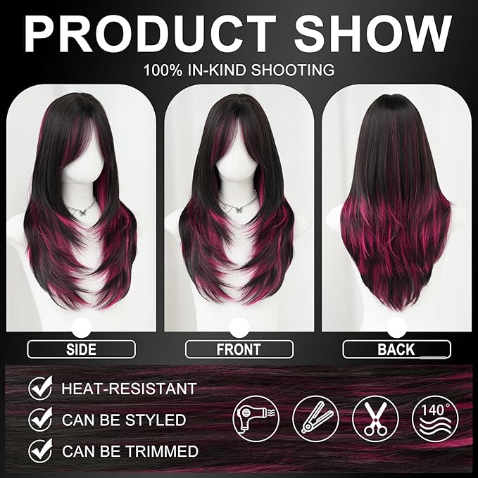 7JHH WIGS Natural Black Brown Rose Pink Hihglight Layered Wig with Curtain Bangs Long Straight Pixie Cut Natural Looking Heat Resistant Synthetic Hair Fiber Wigs for Women Daily Used