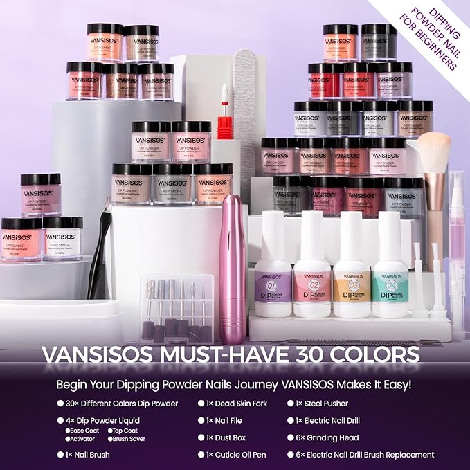 Dip Powder Nail Starter Kit: Dip Nail Powder Kit with 30 Colors Dip Powder Nude Pink Glitter Nails Dipping Powder Set with Nail Drill