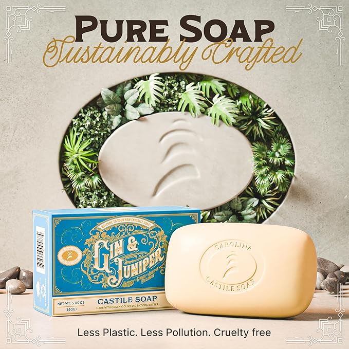 Body Wash Castile Soap Bar for Sensitive Skin – Long Lasting Natural Bar Soap for Men w/Olive Oil and Cocoa Butter - Vegan Gin & Juniper Scented by Carolina Castile, 5 oz Each