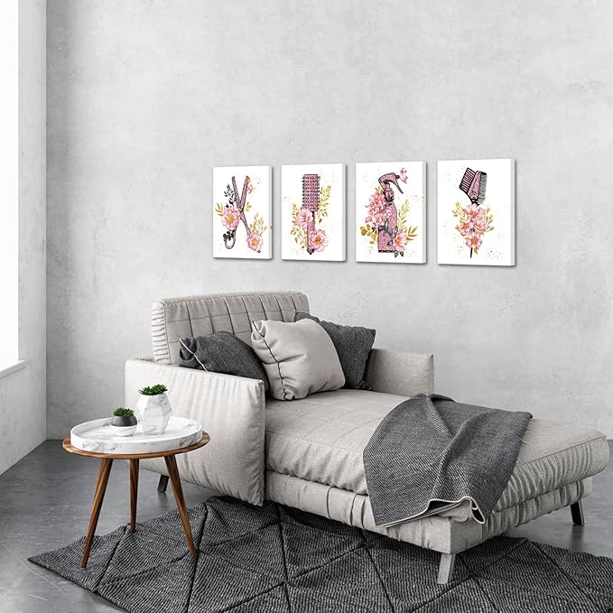 SkenoArt Beauty Salon Wall Art Haircut Tools Painting Hair Salon Barbershop Pictures Hairdresser Wall Decor Fashion Cosmetic Canvas Art Painting Gifts for Hair Stylists Woman Framed