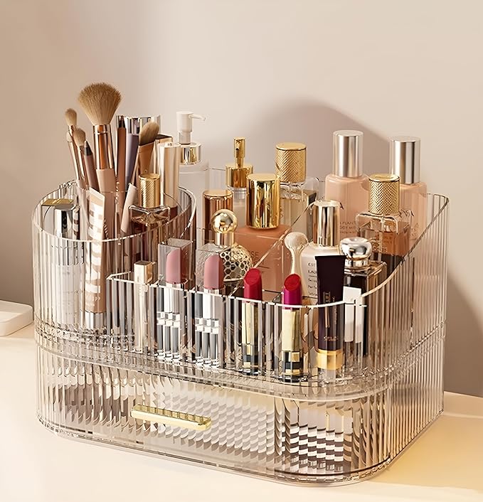 Makeup Organizer with Drawers and 360° Rotating Brush Holder, Large Capacity Cosmetic Storage for Vanity, Skincare, Perfume, Hair Accessories, Lipstick & Jewelry (Clear, 2-layer)