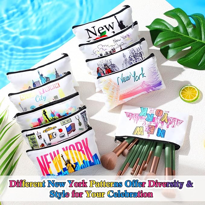 24 Pieces Makeup Bags Bulk Canvas Cosmetic Bags Purse Organizer Zipper Cosmetic Pouch Portable Travel Toiletry Pouch for Women Men Gifts, 7 x 4 Inch (New York)