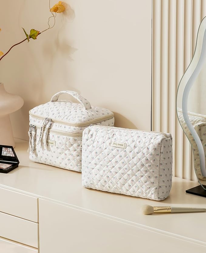 HBselect 2Pcs Travel Makeup Bag, Large Cotton Quilted Makeup Bag Cosmetic Bag Cute Make up Bag Toiletry Bags for Women Girls