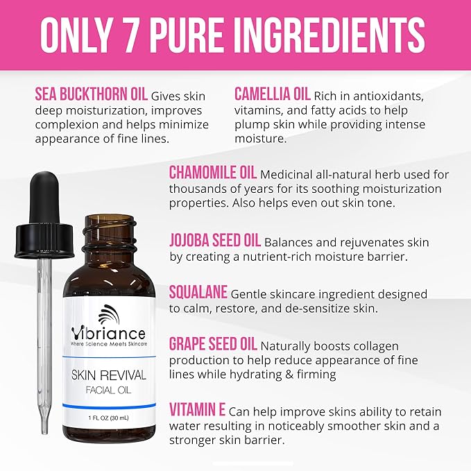 Vibriance Skin Revival Facial Oil - Natural Ingredients - Face Hydrating for Sensitive and Dry Types, with Vitamin E, Sea Buckthorn, Camellia, Squalane - Vegan, Paraben-Free