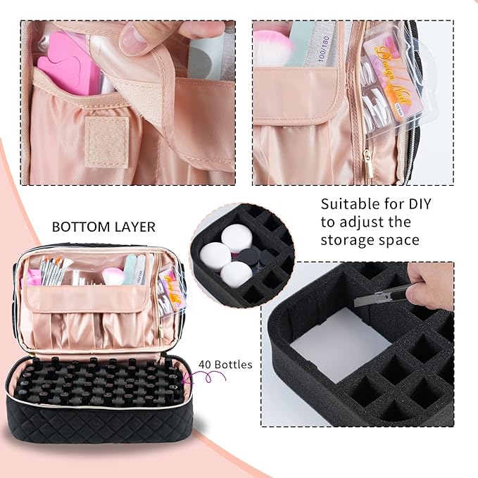 Nail Polish Organizer Fits a Nail Lamp and 50 Bottles,Stylish Nail Organizers and Storage with Side Pockets for Gel Nail Polish Remover,Nail Supplies Set (Patented,Bag Only)-Black01