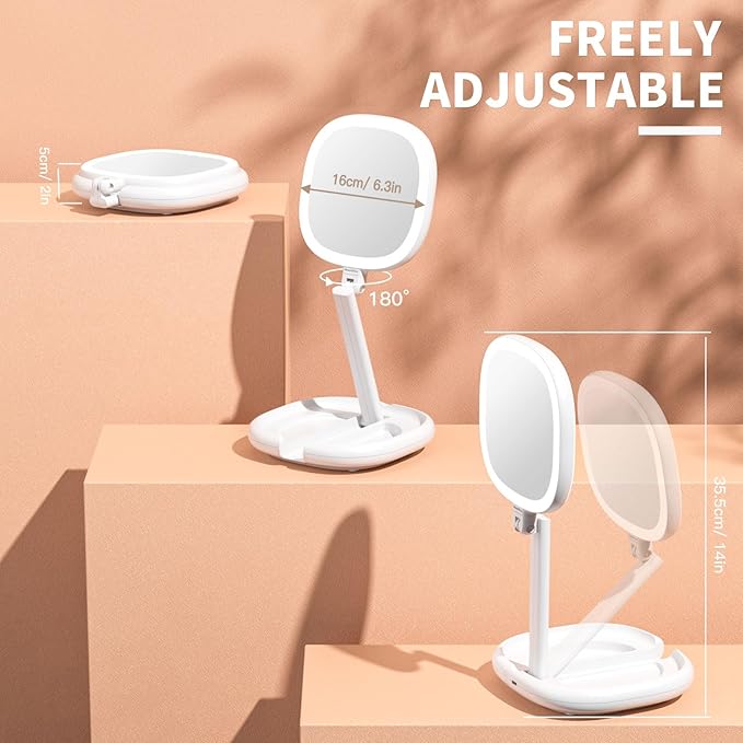 6.3” Makeup Mirror with Light and Magnification, 10X/1X Light Up Makeup Mirror Lighted Make Up Mirror with Adjustable Height Double Sides Folding Magnifying Mirror with Light