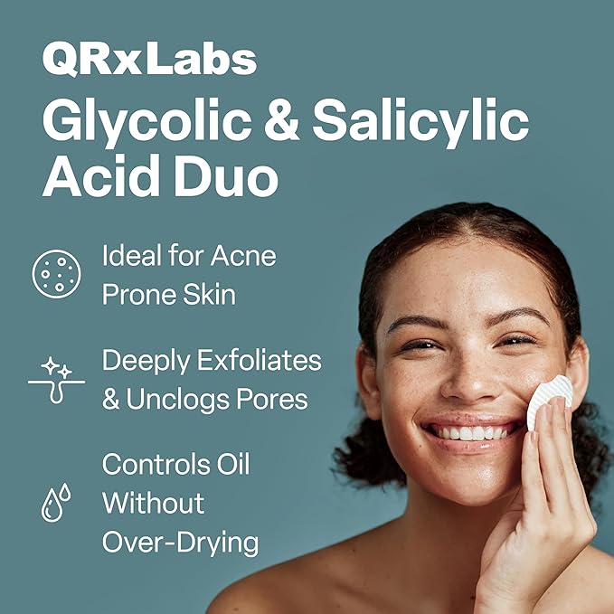 QRxLabs Glycolic + Salicylic Acid Acne Control Pads with 10% Ultra Pure Glycolic & 2% Salicylic, Allantoin, Vitamin B5, C & E, Calendula & Green Tea - Acne Treatment for Clear Skin