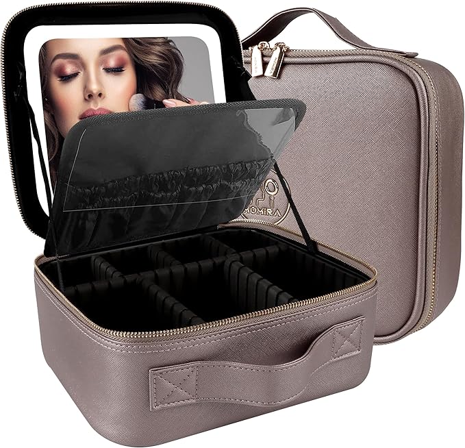 MOMIRA Travel Makeup Bag Cosmetic Bag Makeup Organizer Bag with Lighted Mirror, Adjustable Brightness in 3 Color Scenarios, Waterproof Makeup Train Case, Gift for Women - Pearl Light Gray