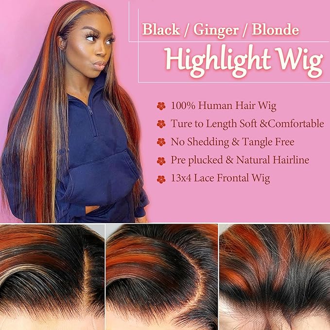 30 Inch Highlight Ginger Blonde Lace Front Wigs Human Hair Skunk Stripe 13x4 Lace Frontal Wig Pre Pluckrd with Baby Hair Straight Black Ginger and Blonde Ombre Wigs Glueluess Human Hair for Women